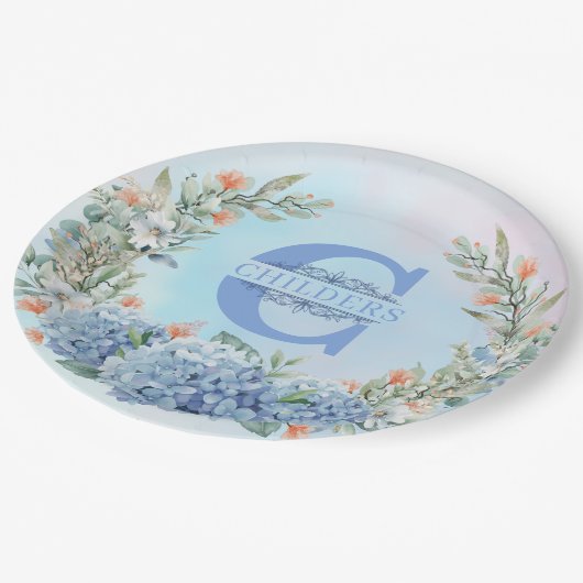 ブルーアジランジアモノグラム紙プレート ペーパープレート (アングル)