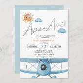 ブルーアドベンチャーが飛行機の赤ちゃんシャワーを待つ 招待状 (正面/裏面)