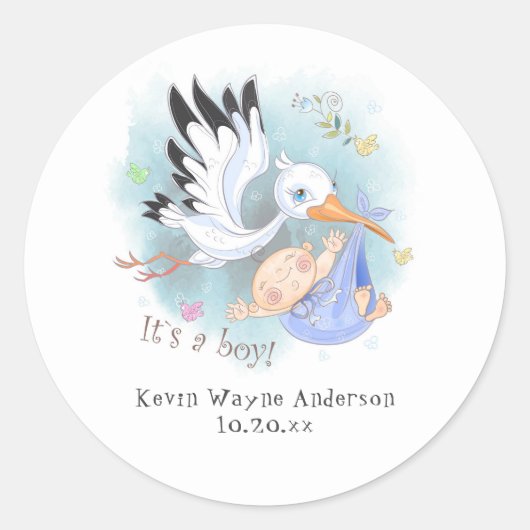 ブルーアナウンスメント男の赤ちゃん付きStork ラウンドシール (正面)