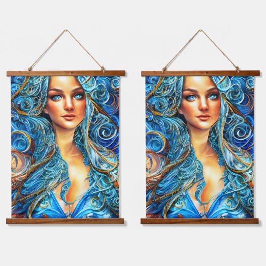 ブルーアニメファンタジー女神抽象芸術シュルレアリスアアート 吊り下げ型タペストリー (ダブル)