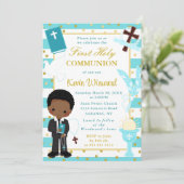 ブルーアフリカ系アメリカ人少年ファースト・ホリー・コミュニオン 招待状 (スタンド正面)