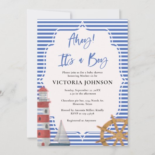 ブルーアホ航海のイその男の子の赤ちゃんシャワー 招待状 (正面)