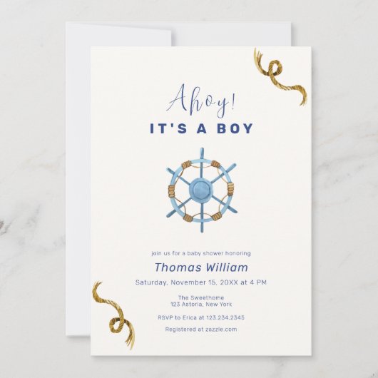 ブルーアモダンホイ男の子のシャワー航海のだ 招待状 (正面)