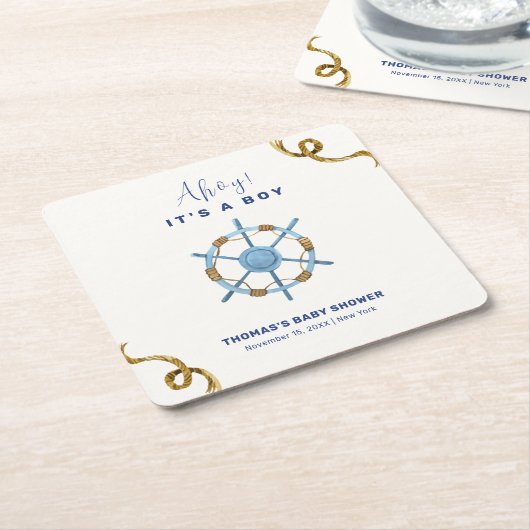 ブルーアモダンホイ航海のボーイ赤ちゃんシャワー スクエアペーパーコースター (アングル)