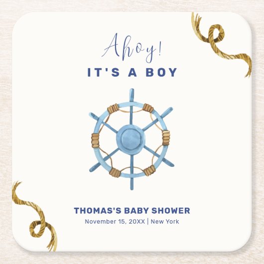 ブルーアモダンホイ航海のボーイ赤ちゃんシャワー スクエアペーパーコースター (正面)