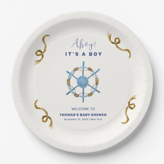 ブルーアモダンホイ航海のボーイ赤ちゃんシャワー ペーパープレート (正面)