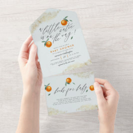 ブルーアモダンリトルかわいこちゃんオレンジ色の赤ちゃんシャワー オールインワン招待状