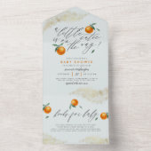 ブルーアモダンリトルかわいこちゃんオレンジ色の赤ちゃんシャワー オールインワン招待状 (内側)