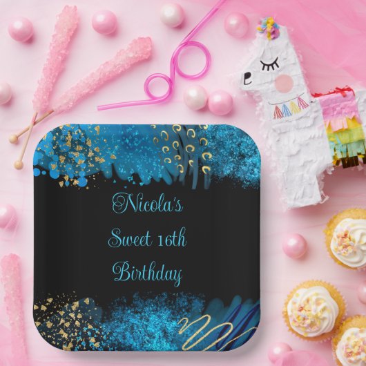 ブルーアルコールインクスウィート16誕生日パーティー ペーパープレート (パーティー)