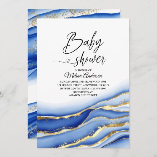 ブルーアルコールインクテクスチャー水色ベビーシャワー 招待状 (正面/裏面)