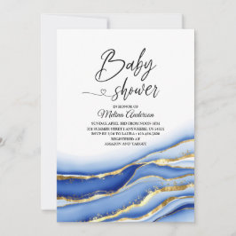 ブルーアルコールインクテクスチャー水色ベビーシャワー 招待状