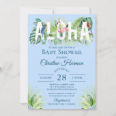 ブルーアロハフラミンゴ熱帯鳥の少年の赤ちゃんシャワー 招待状 (正面)
