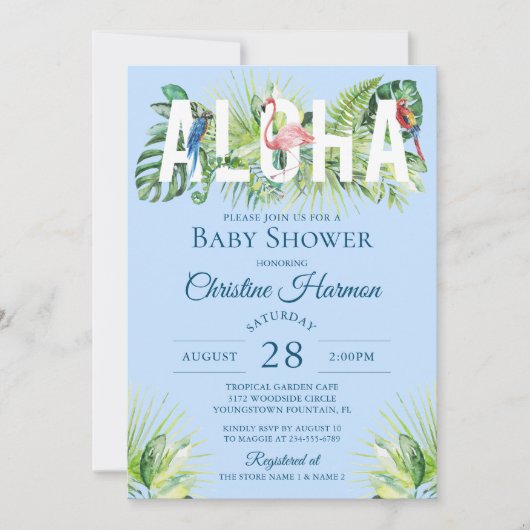 ブルーアロハフラミンゴ熱帯鳥の少年の赤ちゃんシャワー 招待状 (正面)