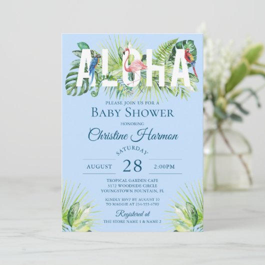 ブルーアロハフラミンゴ熱帯鳥の少年の赤ちゃんシャワー 招待状 (スタンド正面)