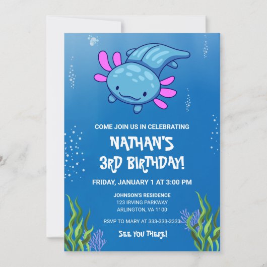 ブルーアンダーウォーターアクソロトルキッズボーイズおもしろい誕生日 招待状 (正面)