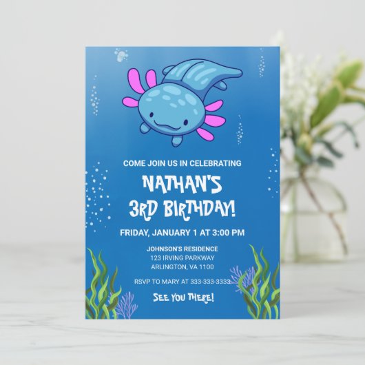 ブルーアンダーウォーターアクソロトルキッズボーイズおもしろい誕生日 招待状 (スタンド正面)
