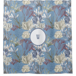 ブルーアンダーザシーコーラルズモノグラム シャワーカーテン