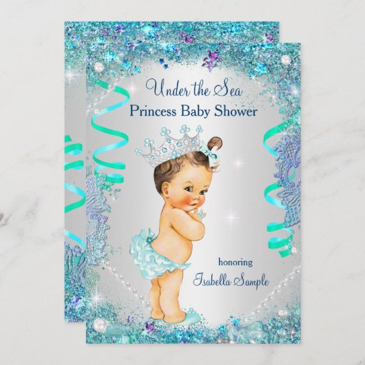ブルーアンダーザシーベビーシャワーブルネットプリンセス 招待状 (正面/裏面)