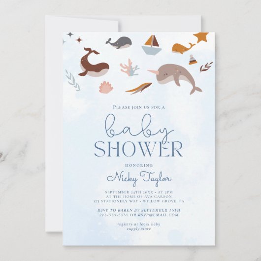 ブルーアンダーシーボホキュート鯨ベビーシャワー 招待状 (正面)