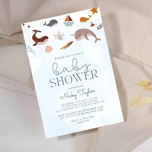 ブルーアンダーシーボホキュート鯨ベビーシャワー 招待状