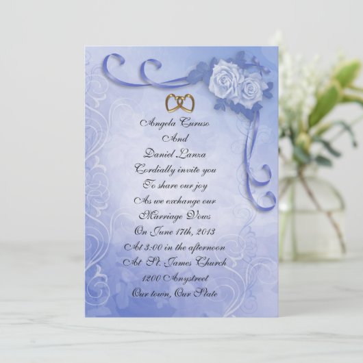 ブルーアンティークバラ結婚式招待状 招待状 (スタンド正面)