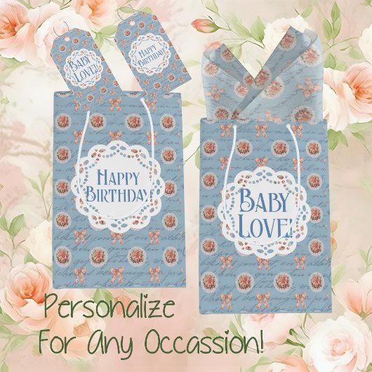 ブルーアンティークパーソナライズされたベビーラブ抱き枕 ミディアムペーパーバッグ