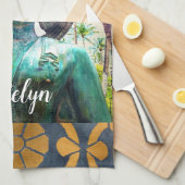 ブルーアンティーク熱帯仏フォト名前をカスタムする キッチンタオル (四つ折り)