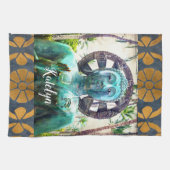 ブルーアンティーク熱帯仏フォト名前をカスタムする キッチンタオル (横)