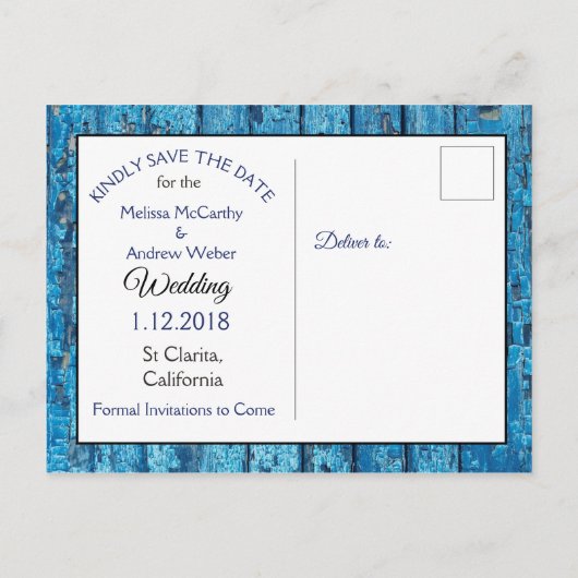 ブルーアンティーク風化ドアウェディング日付を保存 案内ポストカード (裏面)