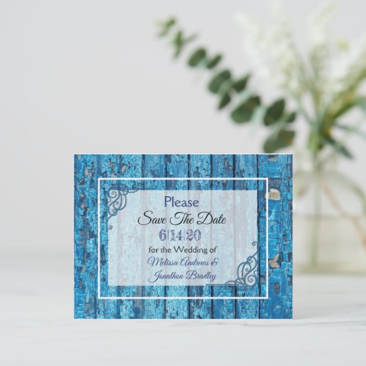 ブルーアンティーク風化ドアウェディング日付を保存 案内ポストカード (スタンド正面)