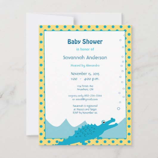 ブルーアンドイエローアリゲーター男の赤ちゃんシャワー 招待状 (正面)