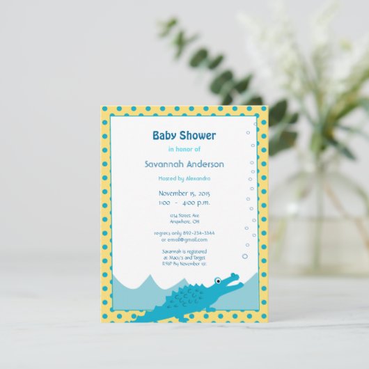 ブルーアンドイエローアリゲーター男の赤ちゃんシャワー 招待状 (スタンド正面)