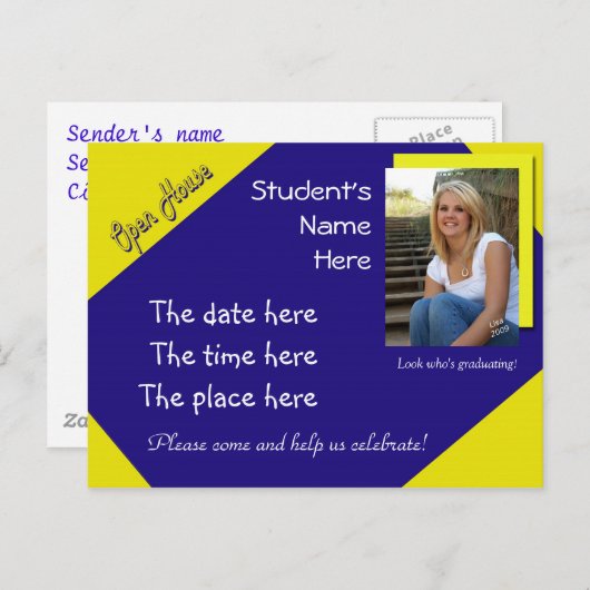 ブルーアンドイエローオープンハウス卒業式はがき 案内ポストカード (正面/裏面)