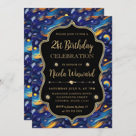 ブルーアンドイエロースターリーナイト21歳の誕生日 招待状 (正面/裏面)