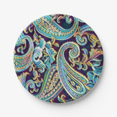 ブルーアンドイエロードリームヴィンテージペイズリー ペーパープレート (正面)