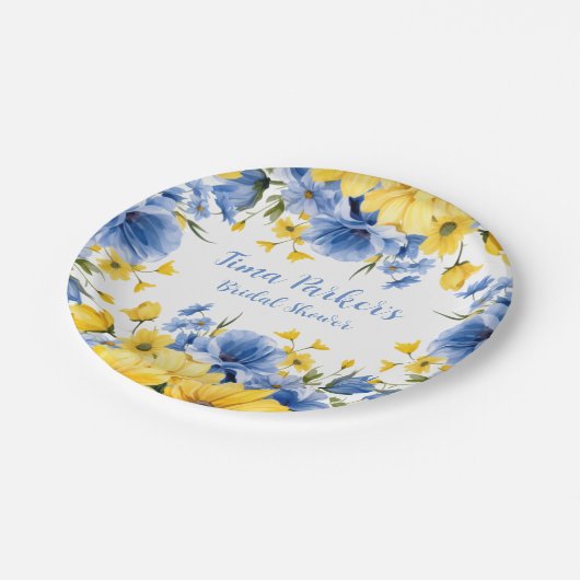 ブルーアンドイエローピーニーフローラブライダルシャワー ペーパープレート (アングル)