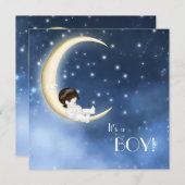 ブルーアンドイエロームーン男の赤ちゃんシャワー 招待状 (正面/裏面)