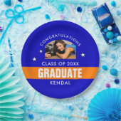 ブルーアンドオレンジの卒業写真紙カスタムプラット ペーパープレート (パーティー)