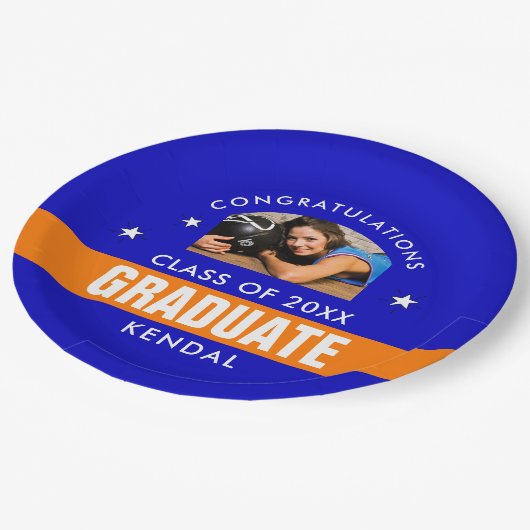 ブルーアンドオレンジの卒業写真紙カスタムプラット ペーパープレート (アングル)