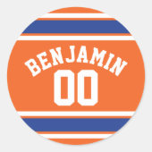 ブルーアンドオレンジスポーツジャージー名前をカスタムする番号 ラウンドシール (正面)