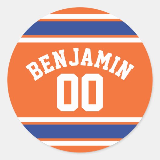 ブルーアンドオレンジスポーツジャージー名前をカスタムする番号 ラウンドシール (正面)