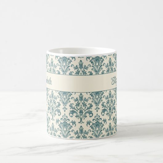 ブルーアンドクリームヴィンテージダマスク名前をカスタムする コーヒーマグカップ (中央)