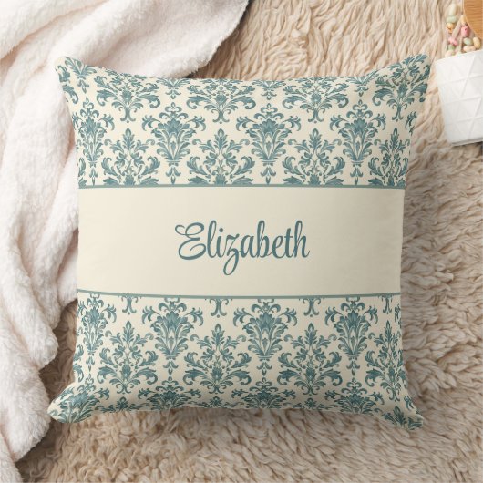 ブルーアンドクリームヴィンテージダマスク クッション (ブランケット)