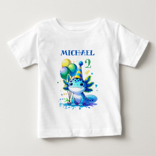 ブルーアンドグリーンアクソロトルボーイズバースデーパーティー ベビーTシャツ (正面)