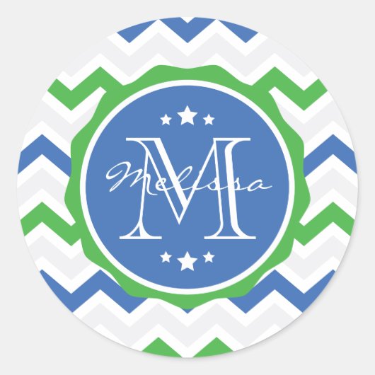 ブルーアンドグリーンシェブロンカスタムモノグラム ラウンドシール (正面)