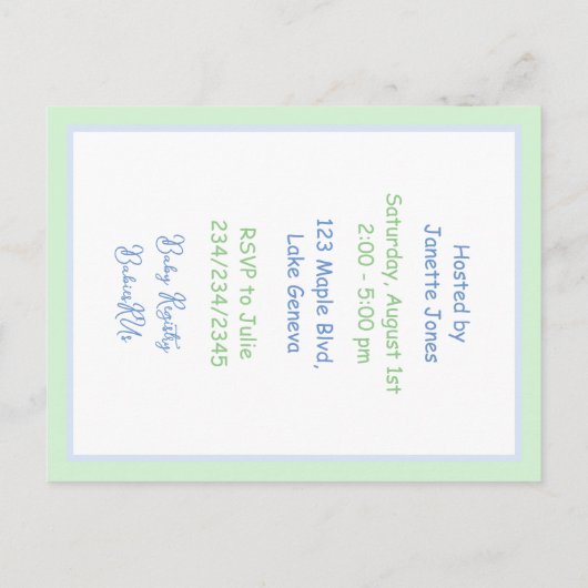 ブルーアンドグリーンツインボーイズベビーシャワー招待状 ポストカード (裏面)