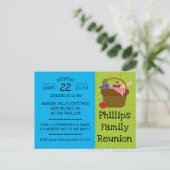 ブルーアンドグリーンピクニックバスケットファミリー懇親会 インビテーションポストカード (スタンド正面)