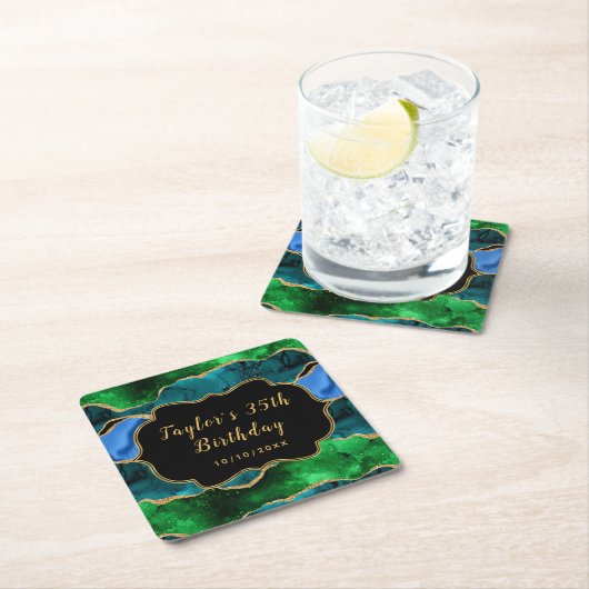 ブルーアンドグリーンピーコックアゲート誕生日 スクエアペーパーコースター (インサイチュ)