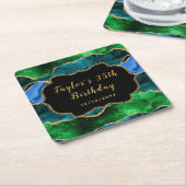ブルーアンドグリーンピーコックアゲート誕生日 スクエアペーパーコースター (アングル)
