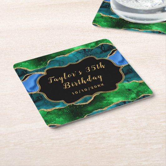 ブルーアンドグリーンピーコックアゲート誕生日 スクエアペーパーコースター (アングル)